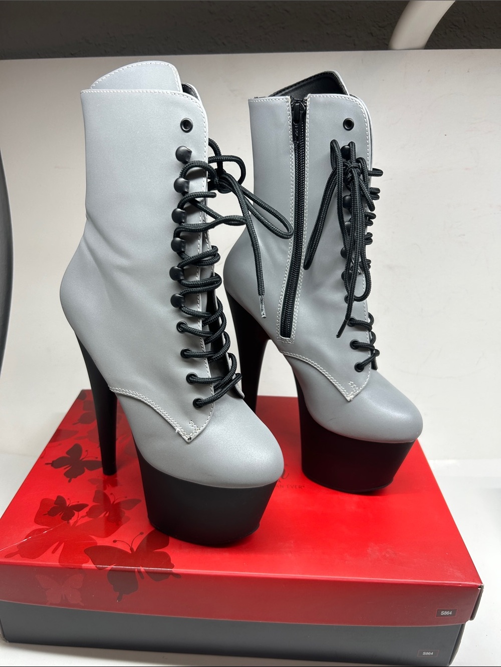 Pleaser Light Gray Lace-Up Platform Ankle Boots with Black Soles